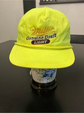 Vintage 80s 90s Miller Light Embroidered Neon Yellow Nylon Rope Band Trucker Hat